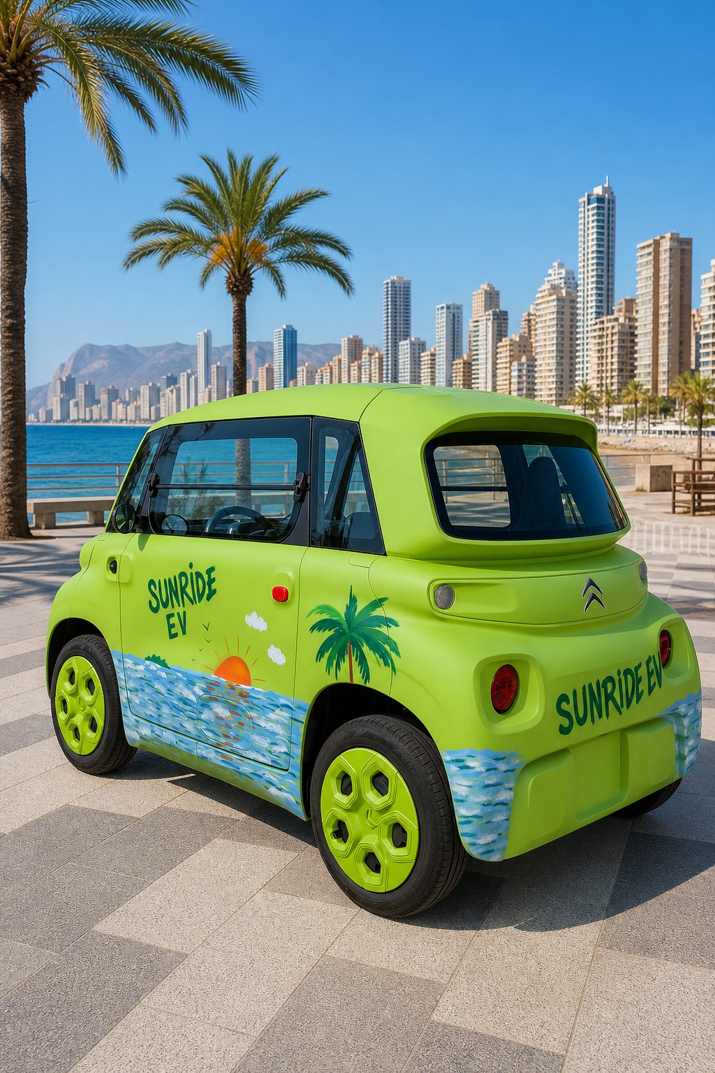Lime green Citroën AMI SunRide EV with tropical livery