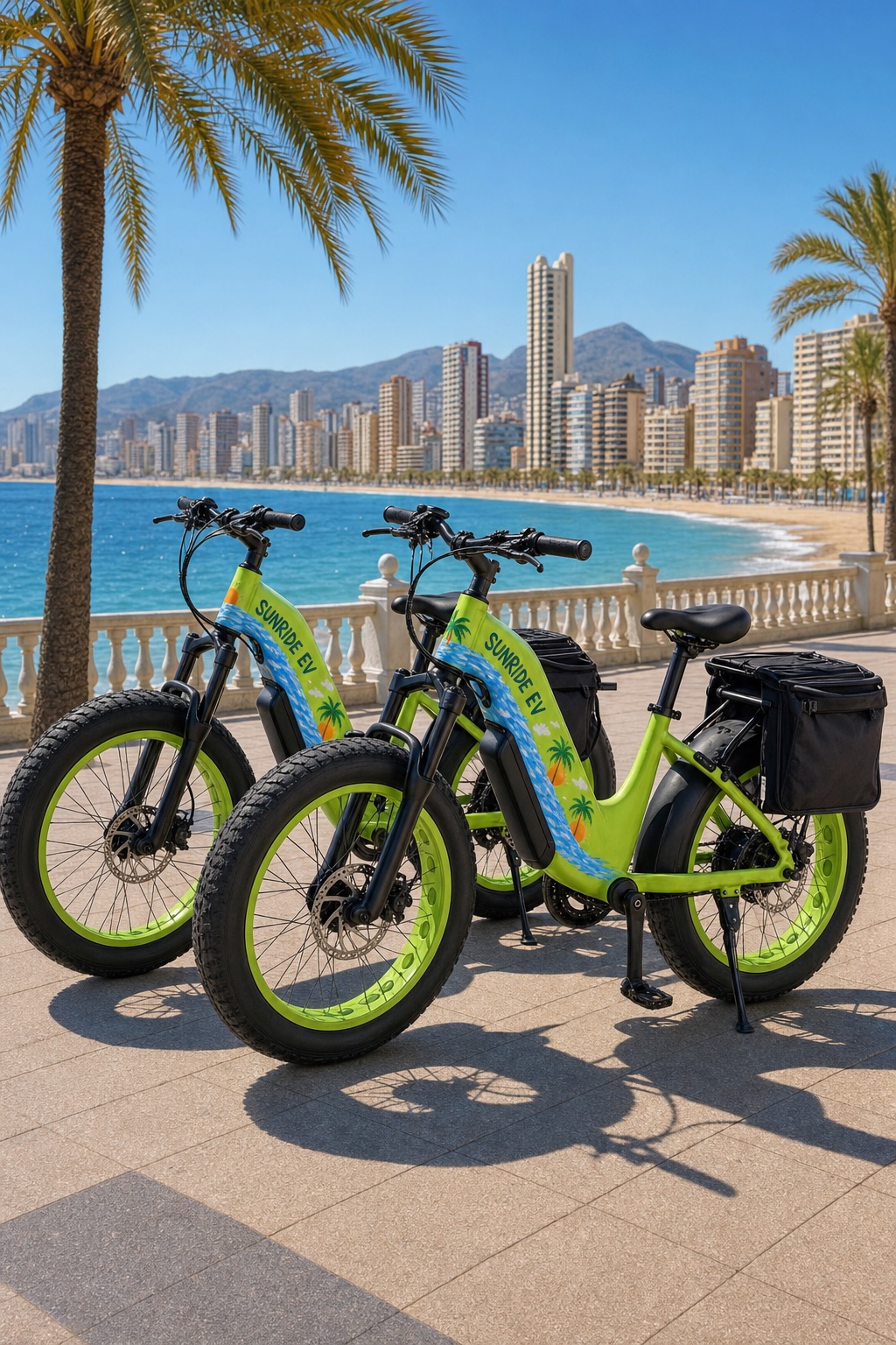 Two lime green SunRide EV premium electric bicycles