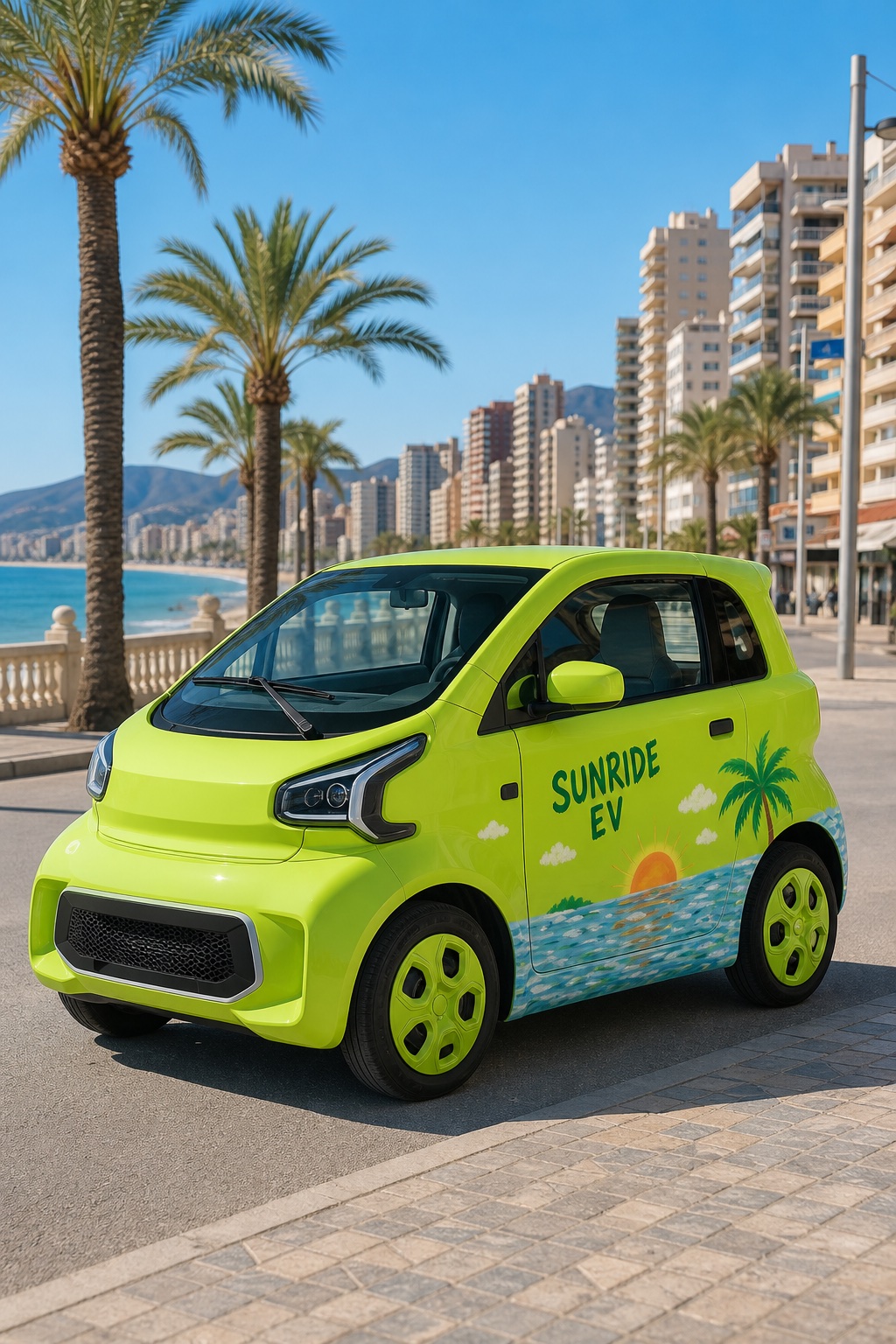 Lime green XEV YOYO SunRide EV with tropical livery